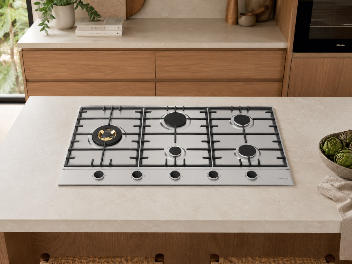 Omega 90cm Gas Cooktop with Wok Burner installed in a modern kitchen