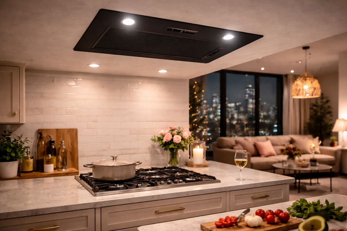 Omega Premium 90cm Matt Black Undermount Rangehood installed in a kitchen