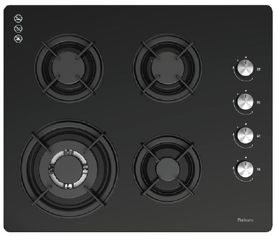 Platinum AUPL-GWF62G 600mm 4 burner black glass gas cooktop top view