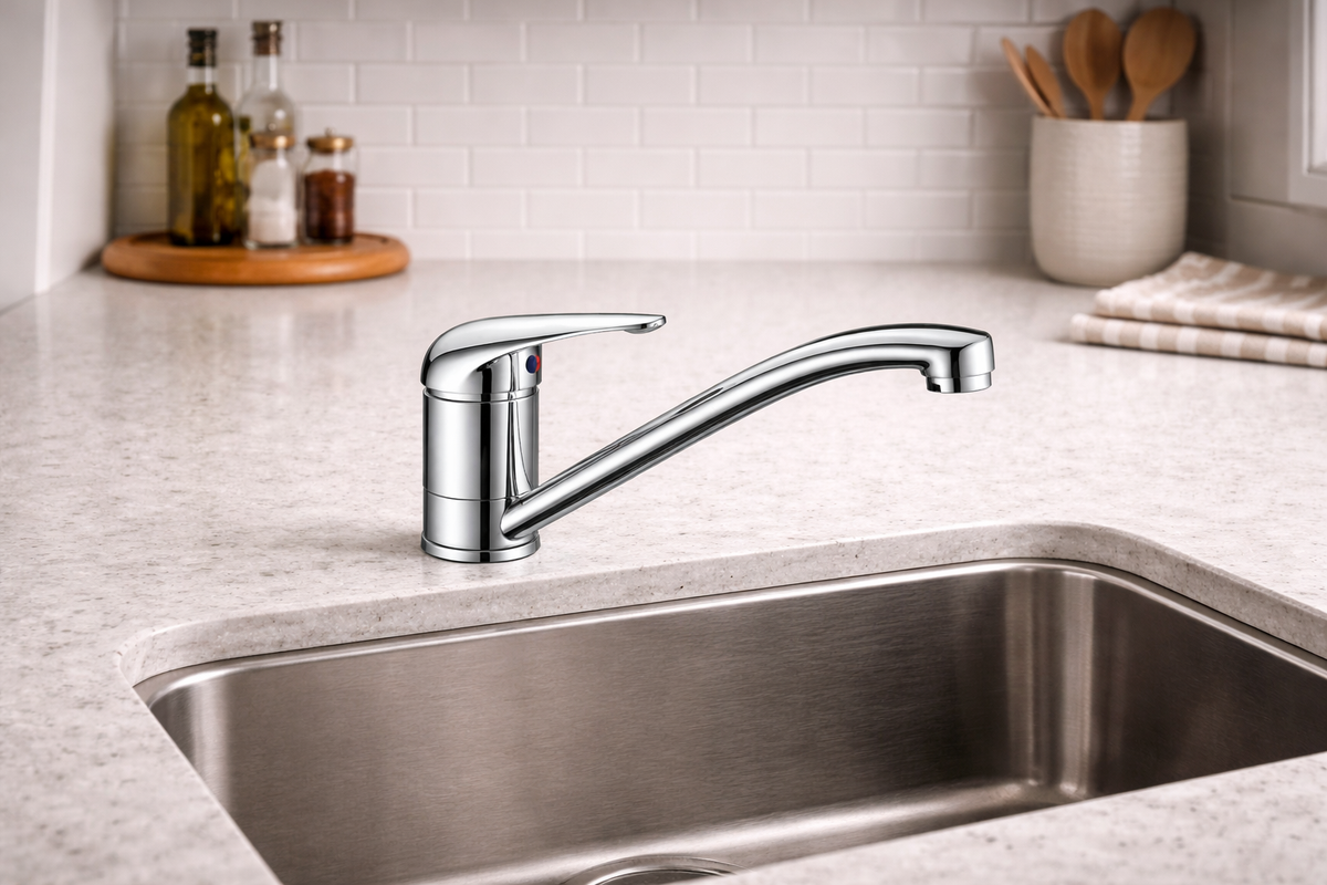 Chrome Single Lever Kitchen Mixer Tap installed at a kitchen sink