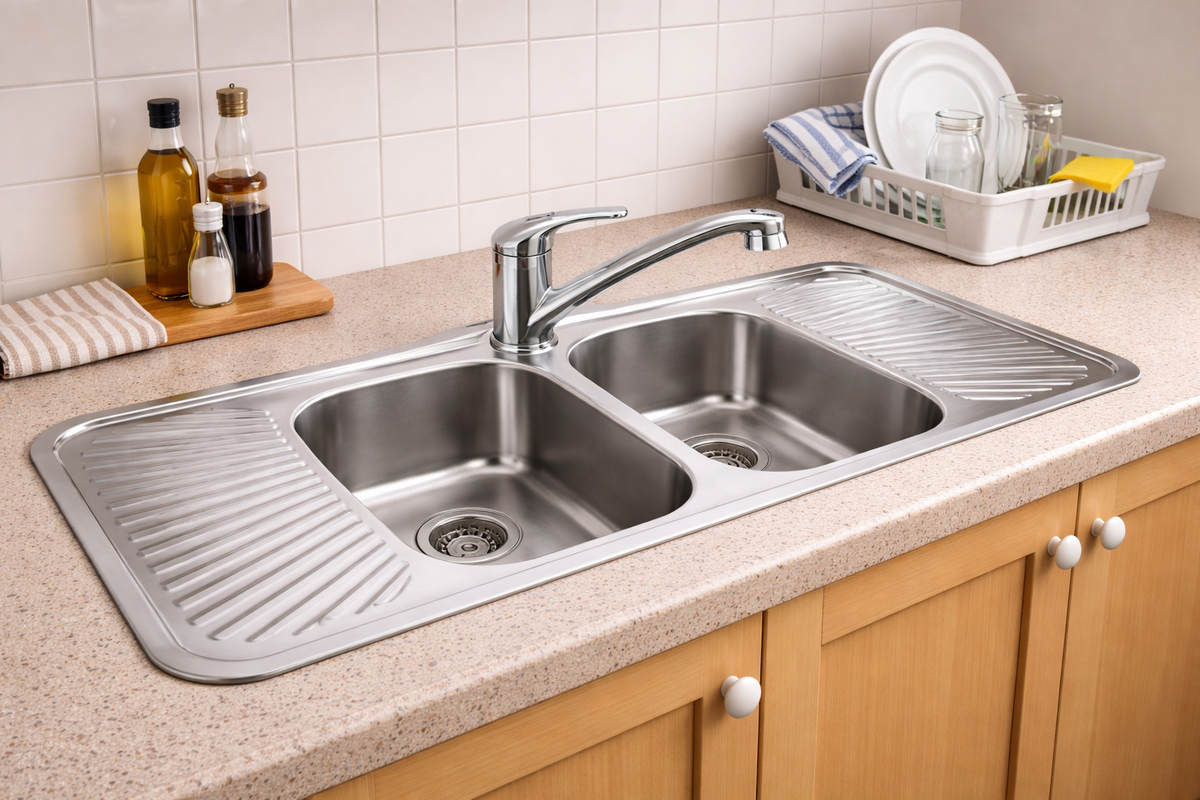 Double bowl double drainer stainless steel sink installed in a kitchen