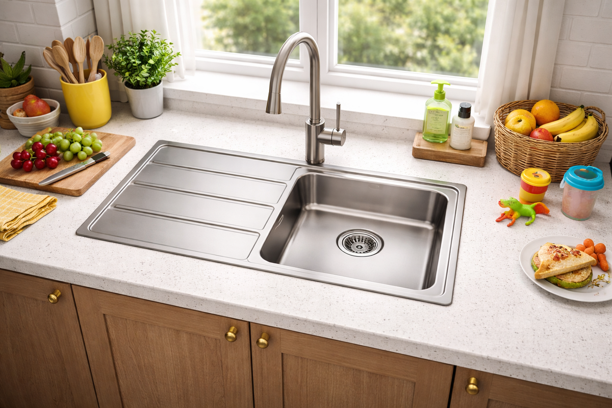 Everglades main bowl and drainer stainless steel sink installed in a kitchen