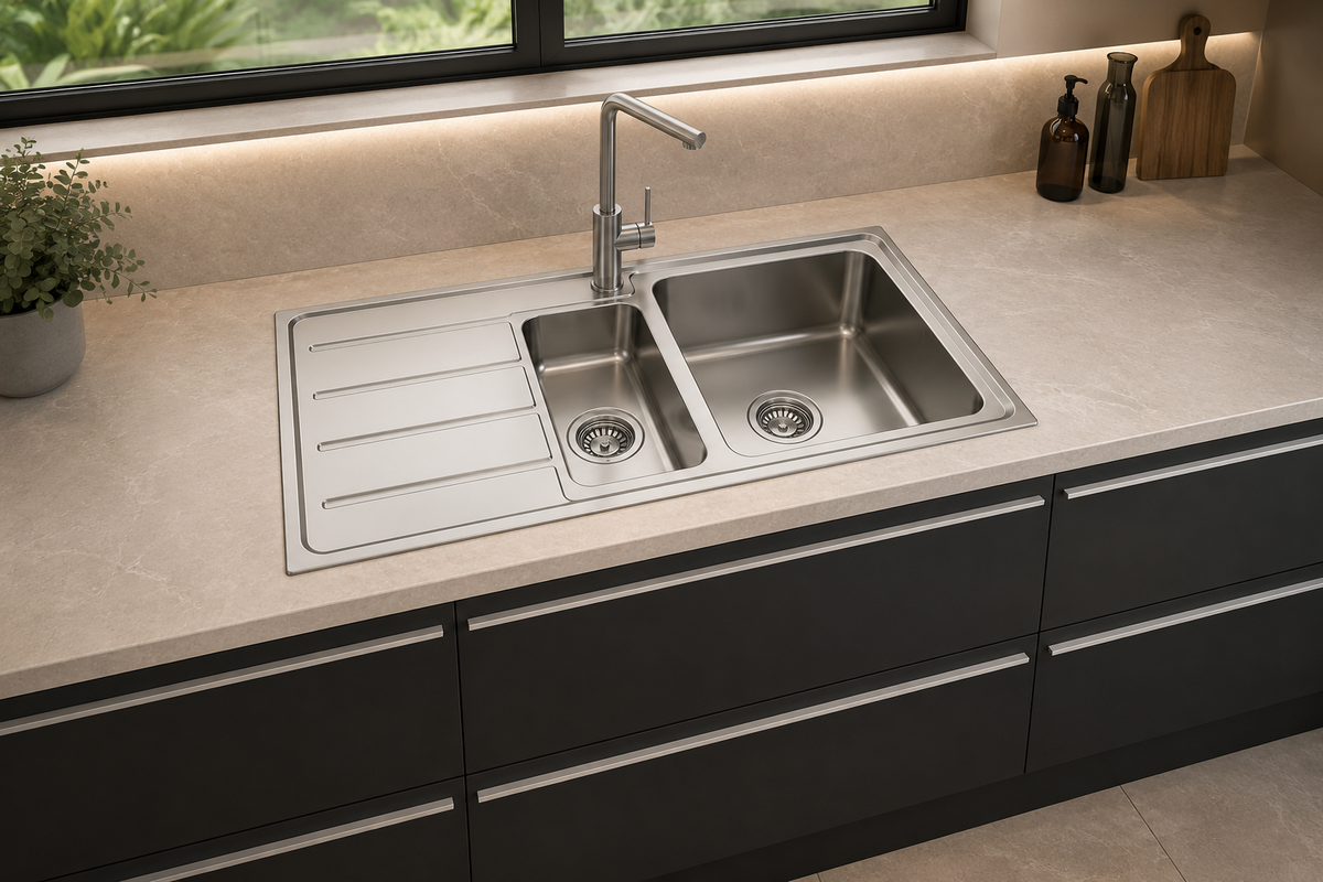 Everglades main bowl and quarter bowl stainless steel sink with drainer installed in a kitchen