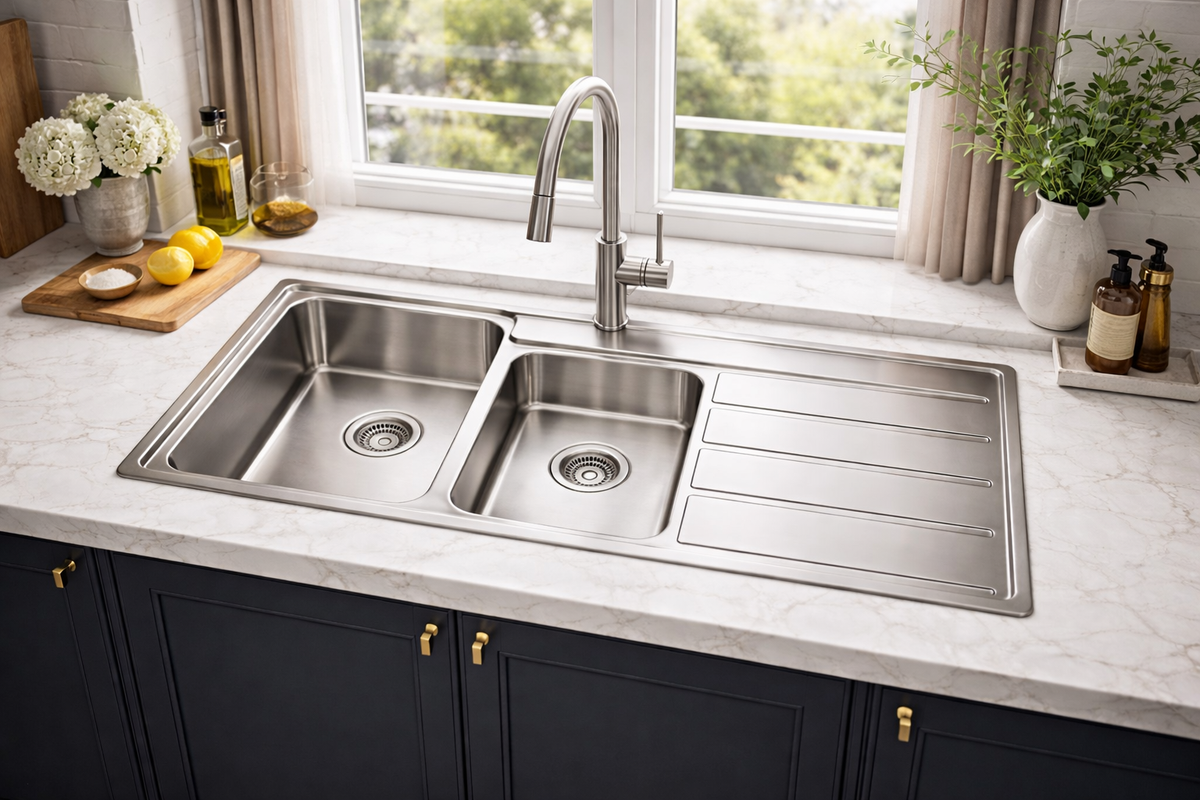 Everglades main bowl and three-quarter bowl stainless steel sink installed in a kitchen
