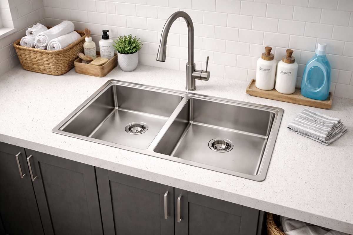 Hand fabricated double medium bowl stainless steel sink installed in a kitchen