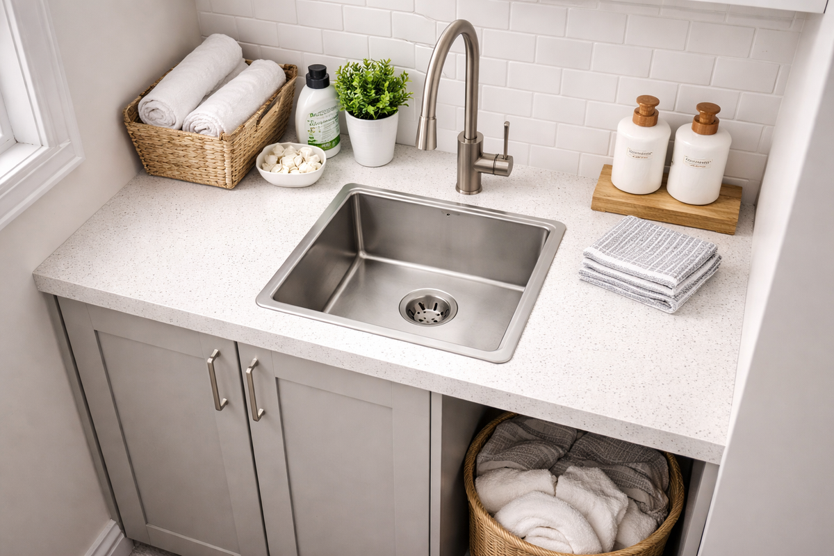 Hand fabricated main bowl stainless steel sink installed in a laundry