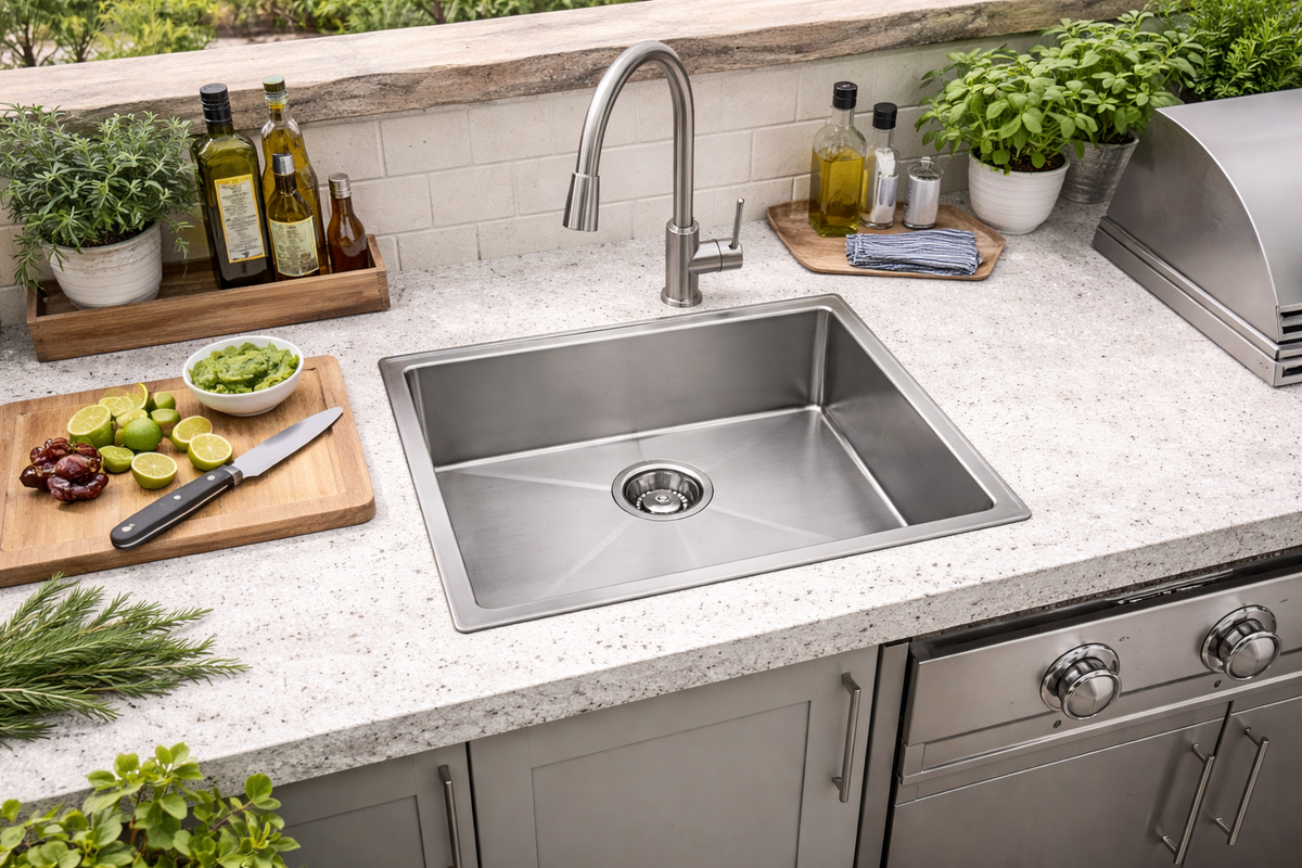 Hand fabricated maxi bowl stainless steel sink installed in a kitchen