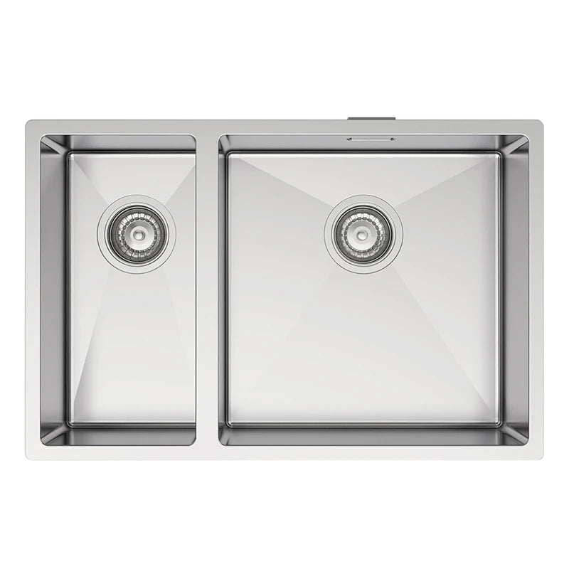 Hand fabricated medium bowl and half bowl stainless steel sink left-hand half bowl