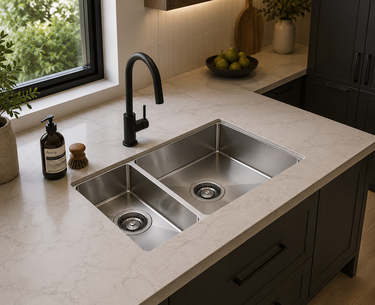 Hand fabricated medium bowl and half bowl stainless steel sink installed in a kitchen