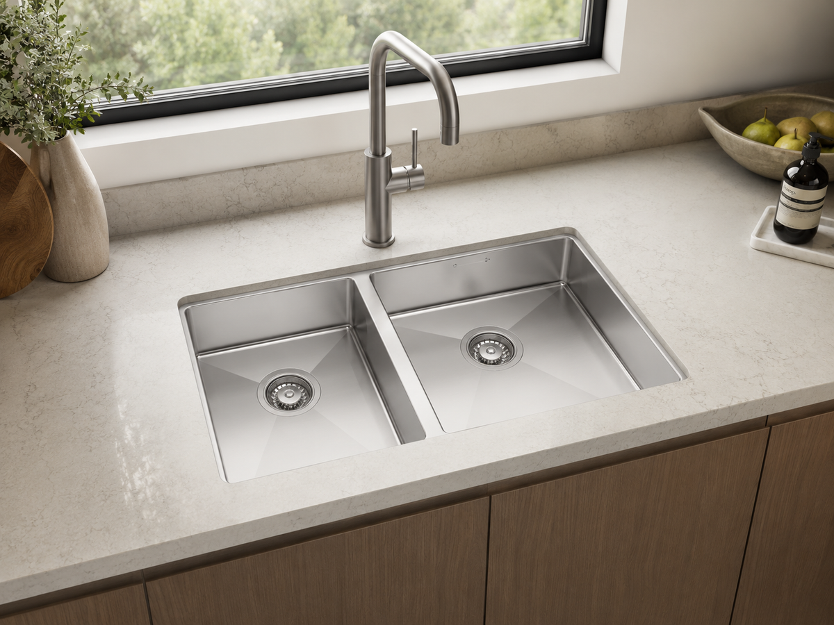 Hand fabricated medium bowl and main bowl stainless steel sink installed in a kitchen