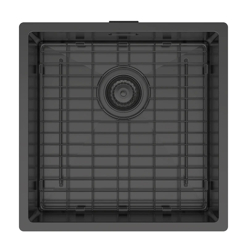 Hand fabricated PVD black main bowl stainless steel sink with matching base grid