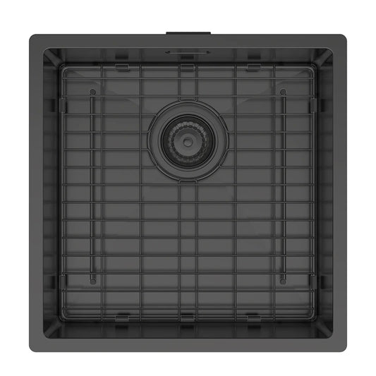 Hand fabricated PVD black main bowl stainless steel sink with matching base grid