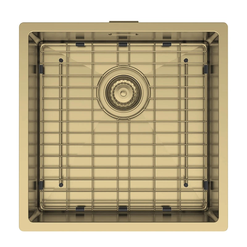 Hand fabricated PVD brass main bowl stainless steel sink with matching base grid