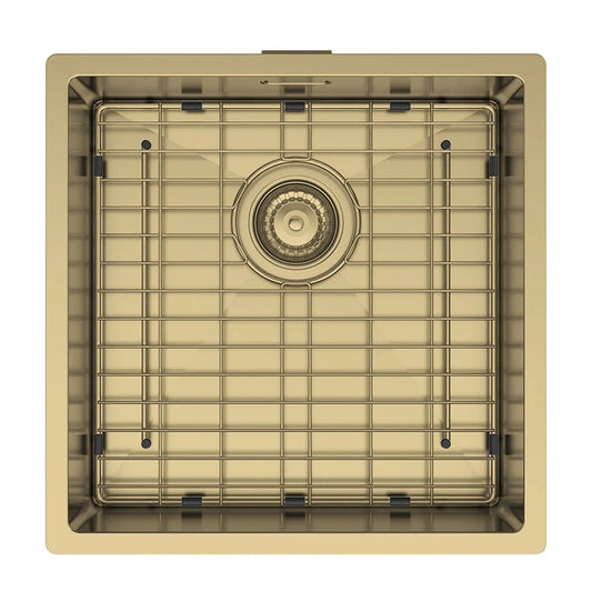 Hand fabricated PVD brass main bowl stainless steel sink with matching base grid
