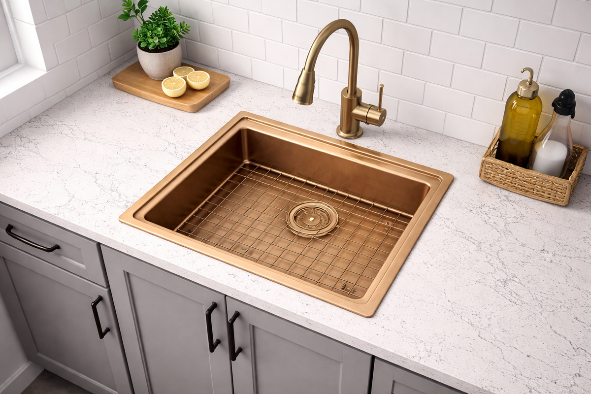 Hand fabricated PVD copper main bowl stainless steel sink installed in a kitchen