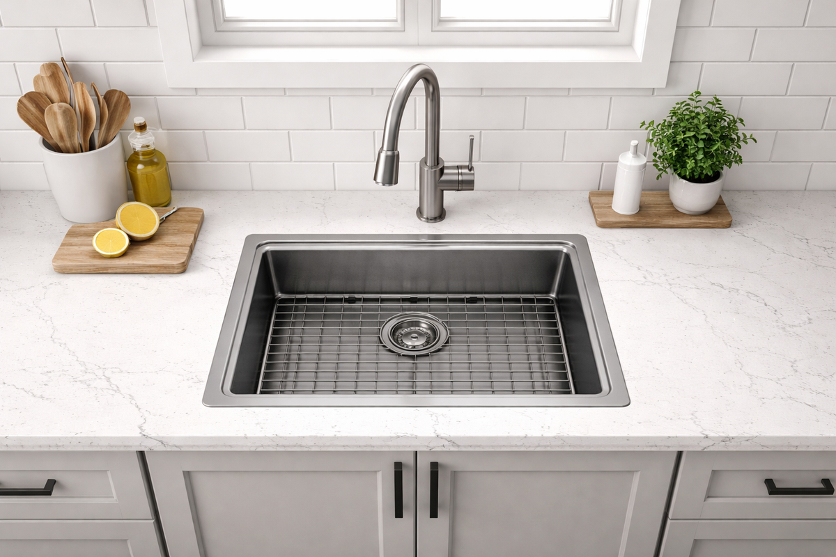 Hand fabricated PVD gun metal main bowl stainless steel sink installed in a kitchen