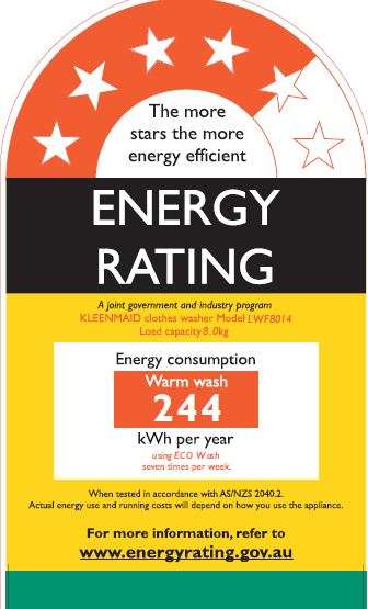 Kleenmaid LWF8014 manufacturer energy and water rating label