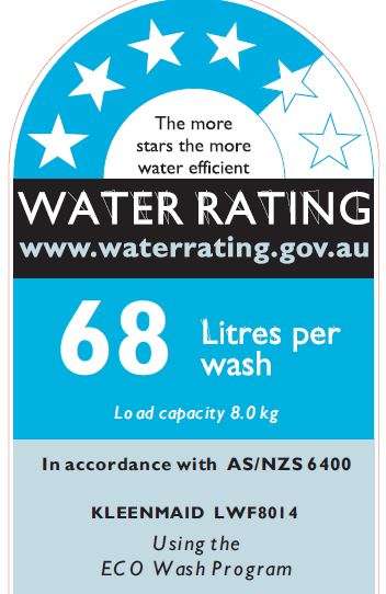 Kleenmaid LWF8014 manufacturer energy and water rating label