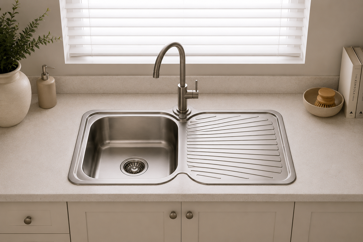 Main bowl stainless steel sink with drainer installed in a kitchen