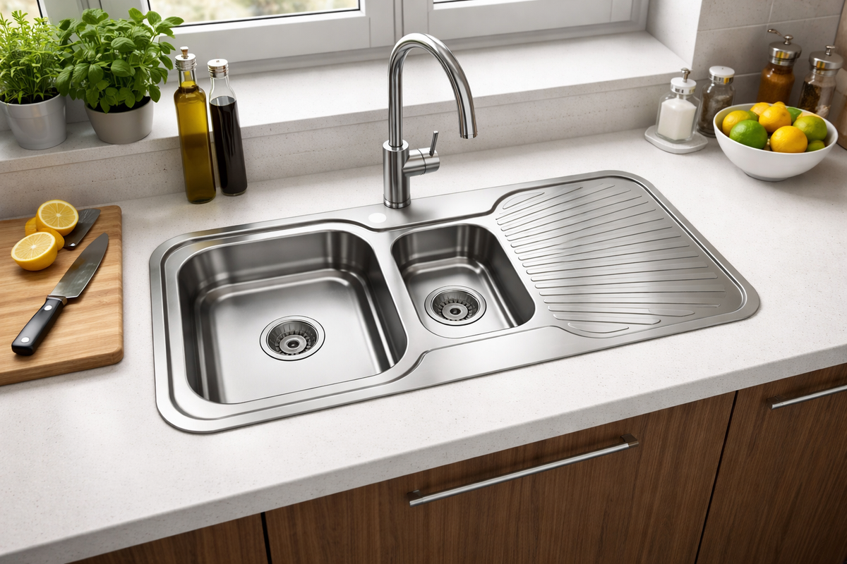Main bowl and half bowl stainless steel sink with drainer installed in a kitchen