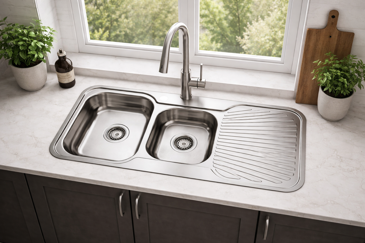Main bowl and three-quarter bowl stainless steel sink with drainer installed in a kitchen