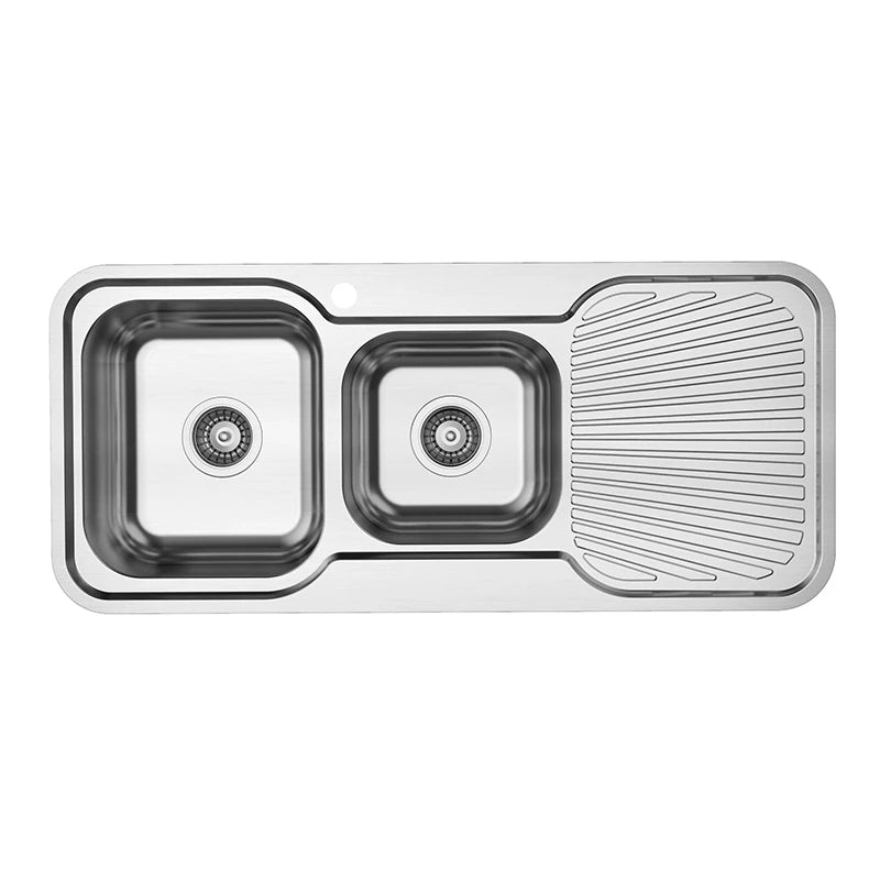 Main bowl and three-quarter bowl stainless steel sink with drainer top view