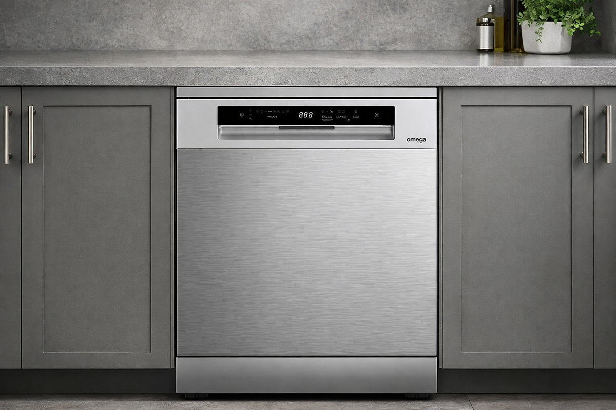 Omega 60cm Freestanding Stainless Steel Dishwasher installed in a kitchen