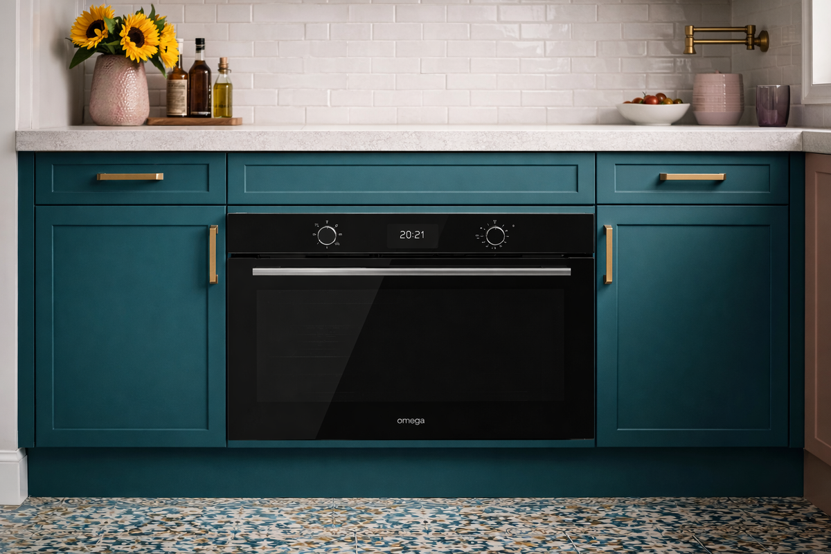 Omega 90cm 10 Function Oven with Air Fry installed in a kitchen