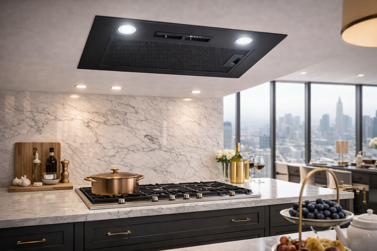 Omega Premium 52cm Matt Black Undermount Rangehood installed in a kitchen