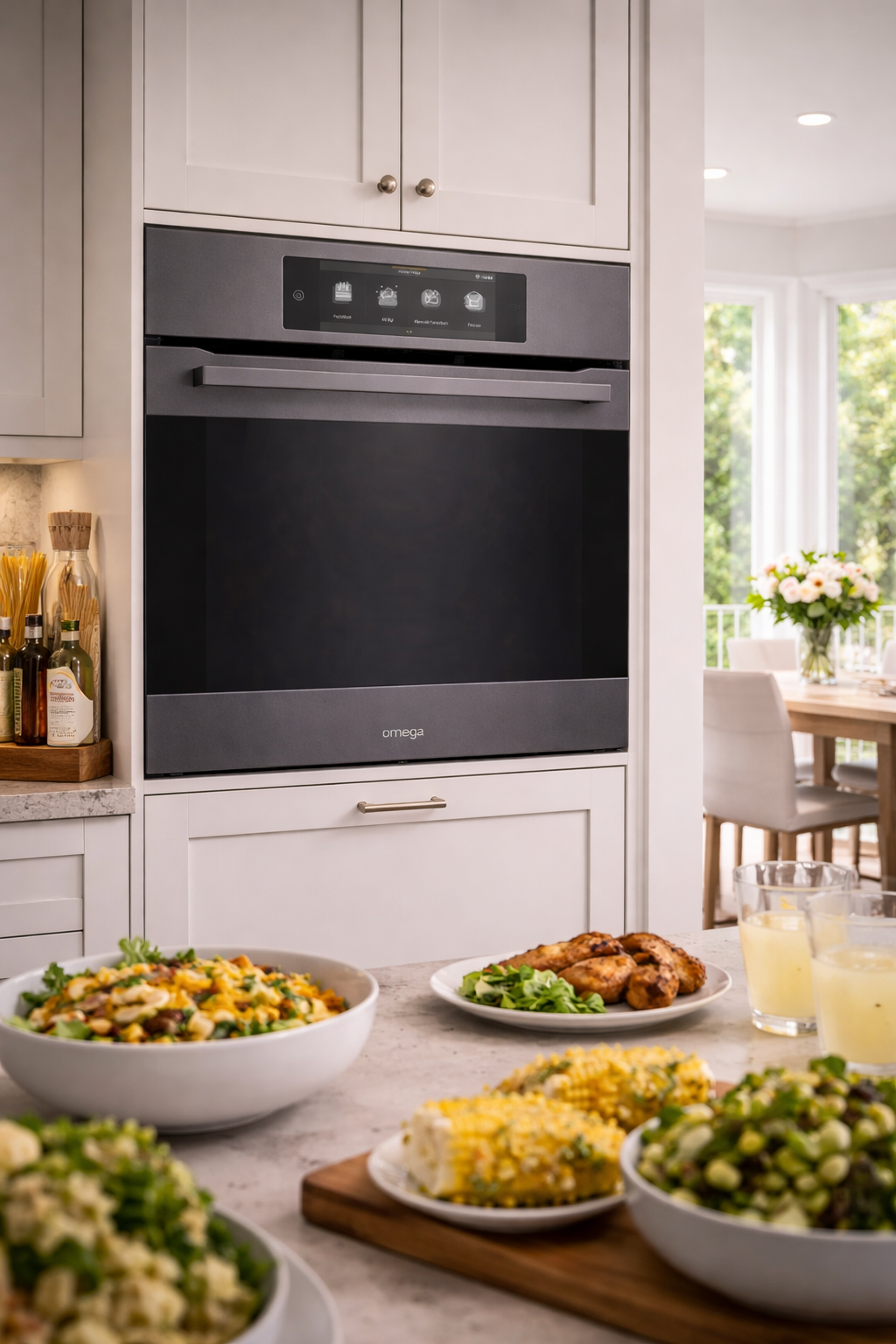 Omega Premium 60cm 21 Function Pyrolytic Oven with AirFry installed in a modern kitchen