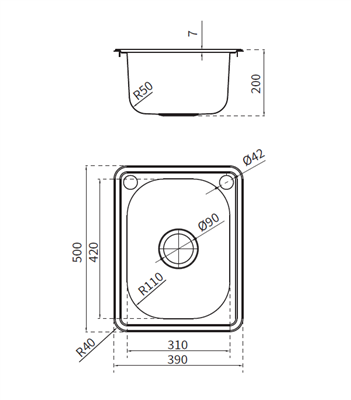 Platinum 390mm laundry tub dimensions and cut-out diagram
