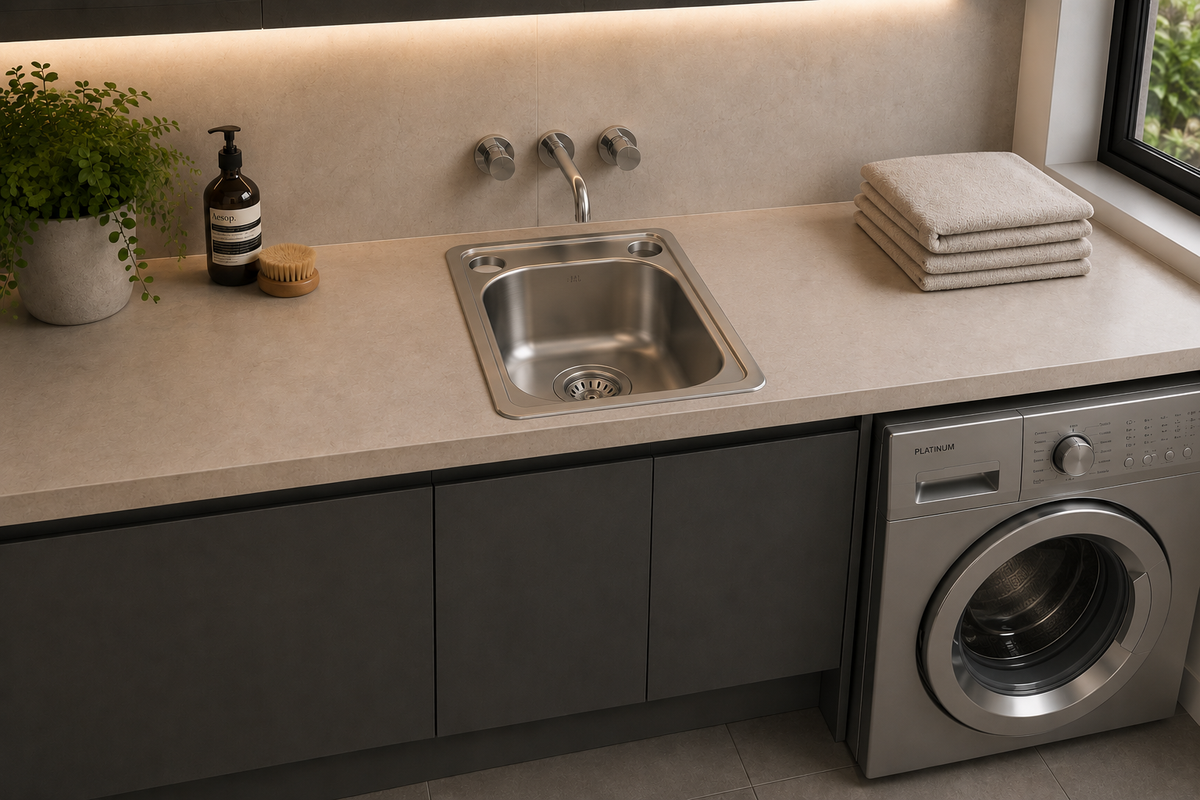 Platinum 390mm stainless steel laundry tub installed in a laundry