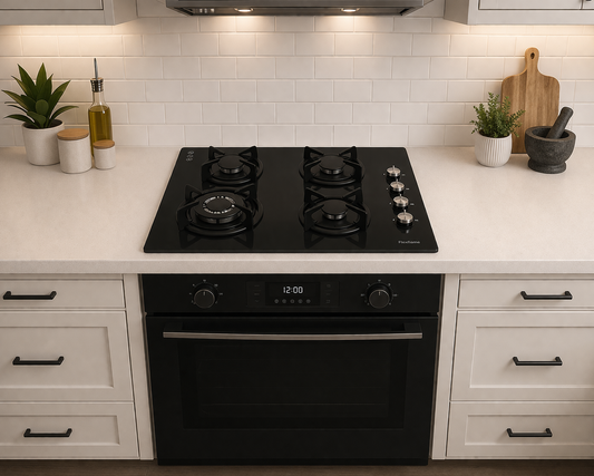 Platinum 600mm 4 Burner Black Glass Gas Cooktop installed in a kitchen