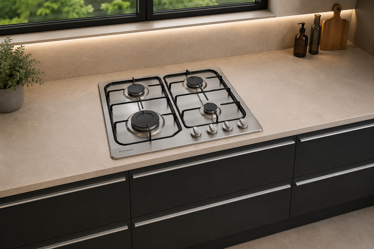 Platinum AUPL-GWF62SS 600mm 4 burner stainless steel gas cooktop installed in a kitchen