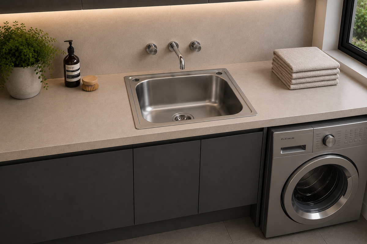 Platinum 600mm stainless steel laundry tub 50L installed in a laundry