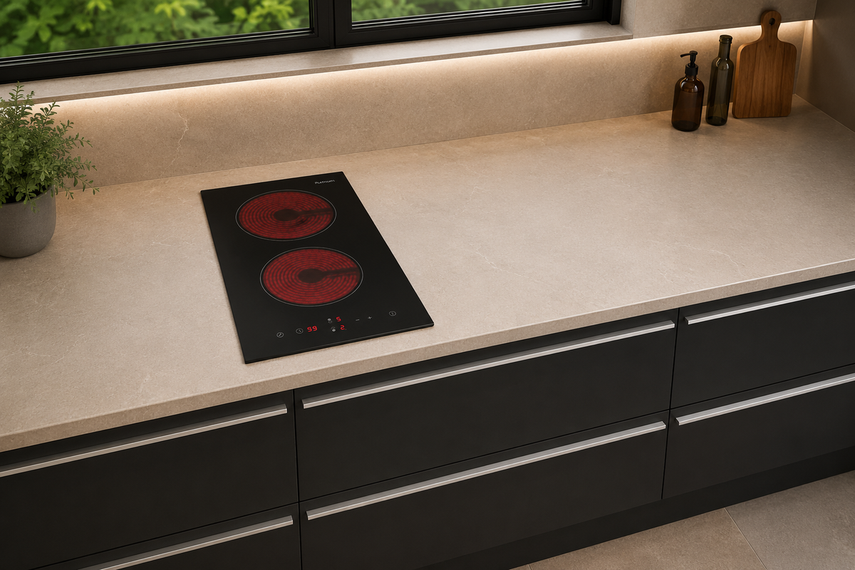 Platinum AUPL-CT32 300mm 2 zone black glass ceramic cooktop installed in a kitchen