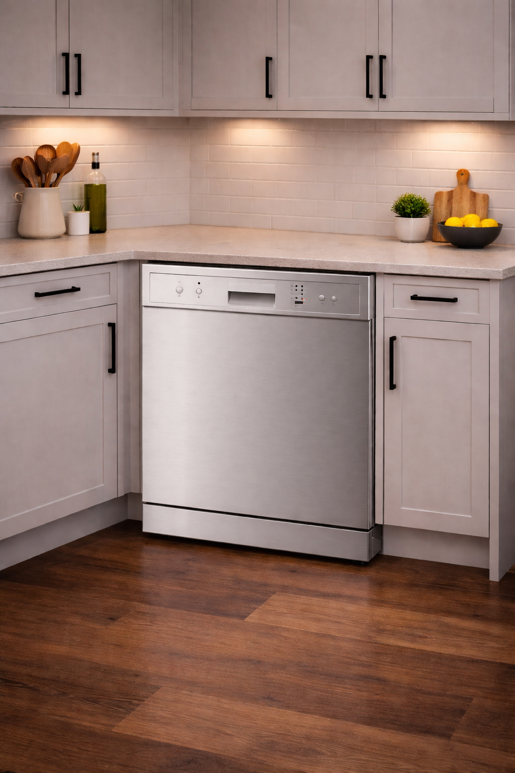 Platinum AUPL-DW14AX 600mm 14 place stainless steel dishwasher installed in a kitchen