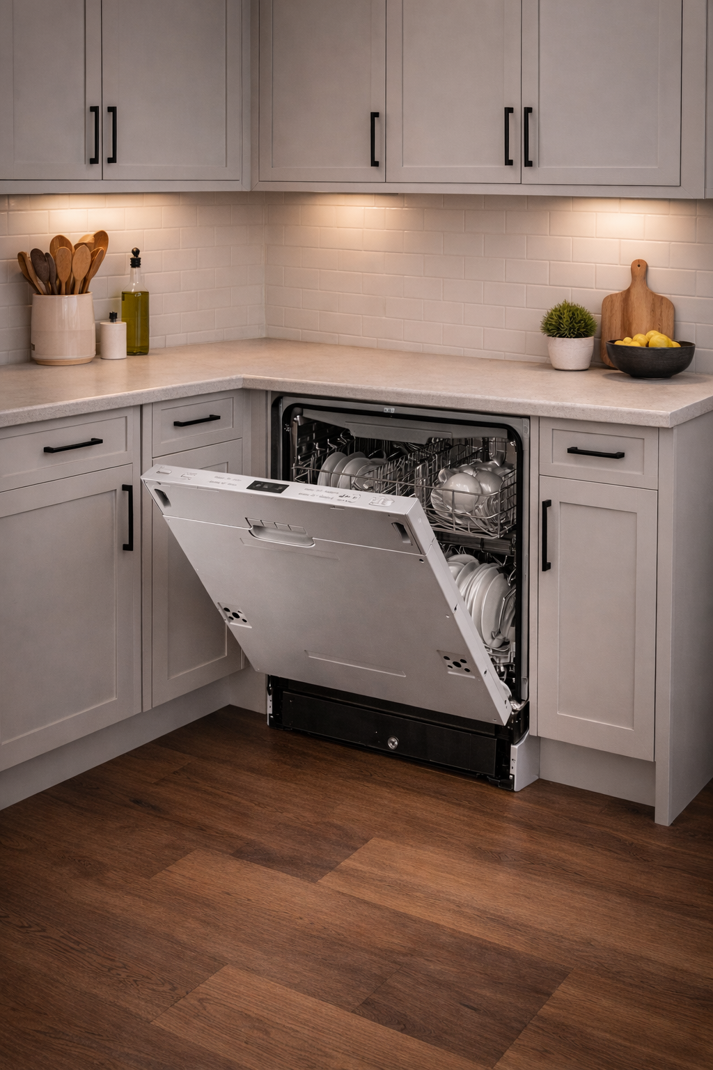 Platinum AUPL-DW14BI 600mm integrated dishwasher installed in a kitchen