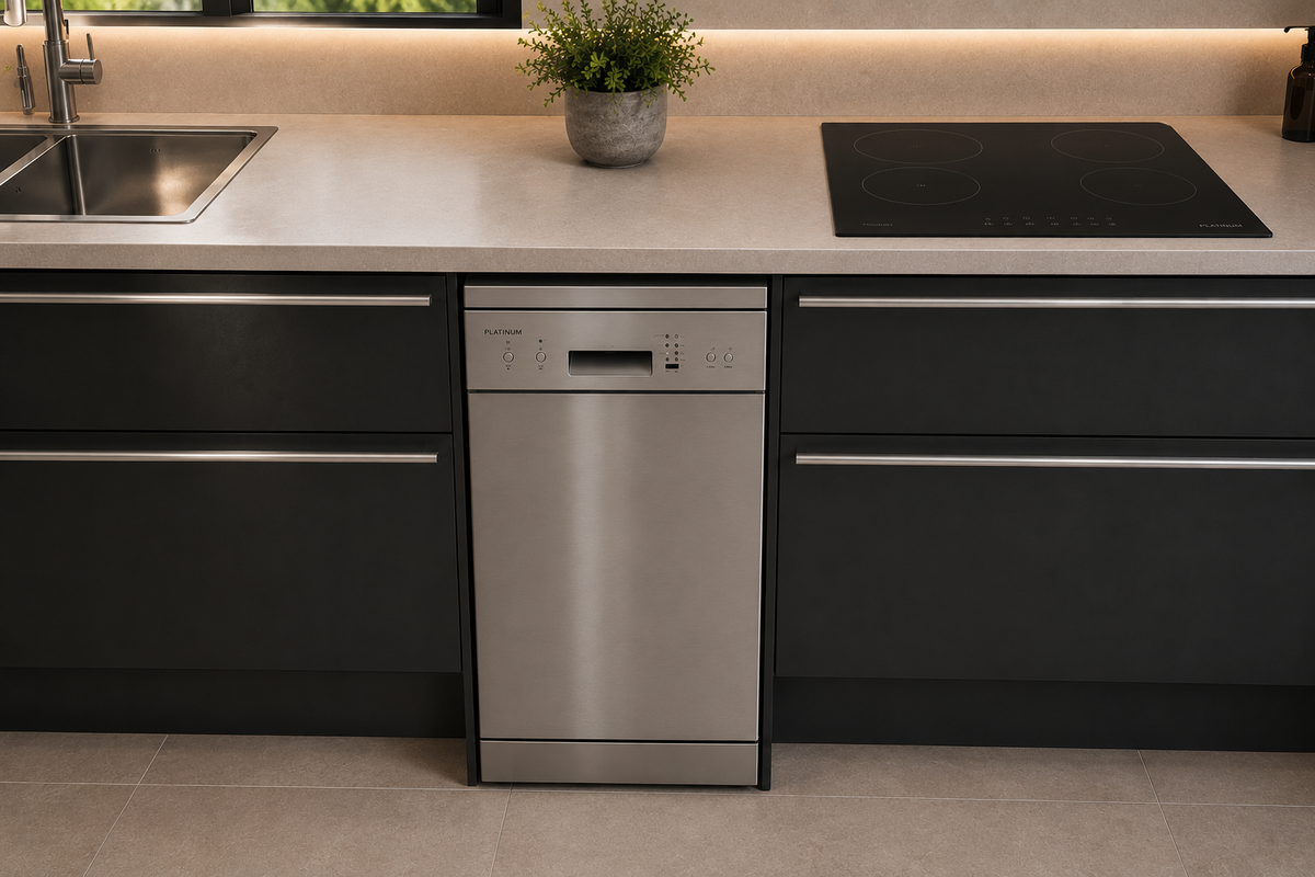 Platinum AUPL-DW9BX 450mm 9 place stainless steel dishwasher installed in a kitchen