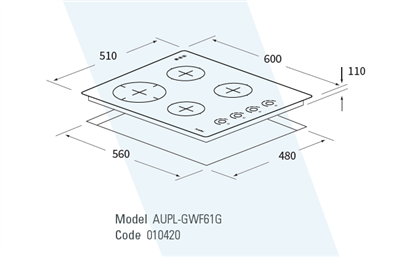 Platinum AUPL-GWF62G gas cooktop dimensions and cut-out diagram
