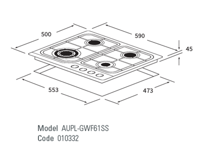 Platinum AUPL-GWF62SS gas cooktop dimensions and cut-out diagram