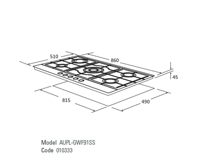 Platinum AUPL-GWF92SS gas cooktop dimensions and cut-out diagram