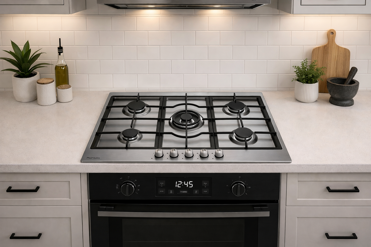 Platinum AUPL-GWF92SS 900mm 5 burner stainless steel gas cooktop installed in a kitchen