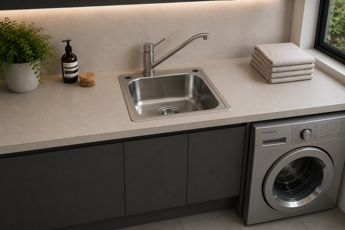 Platinum pin handle sink mixer installed in a modern laundry