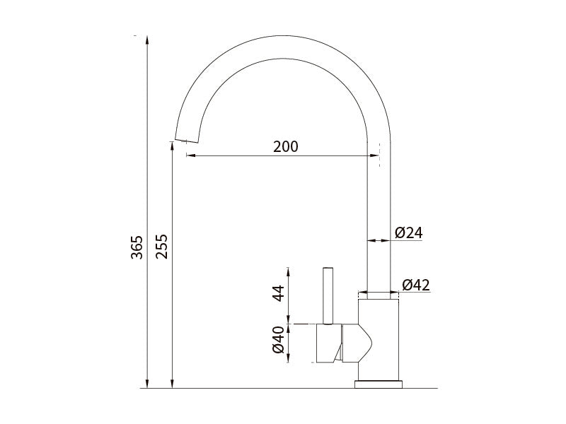 Platinum Project gooseneck mixer satin stainless steel technical dimensions
