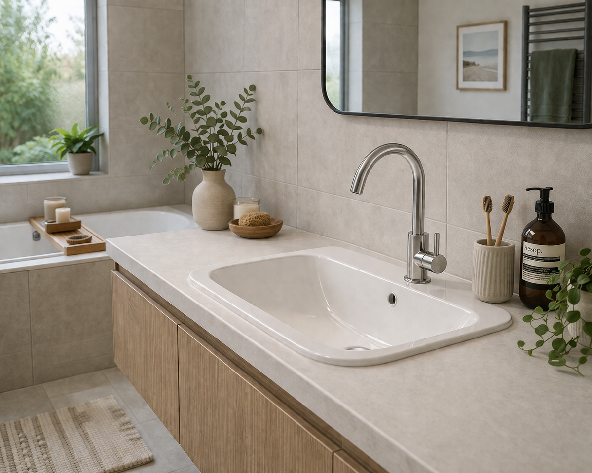 Platinum Project gooseneck mixer in satin stainless steel installed in a bathroom