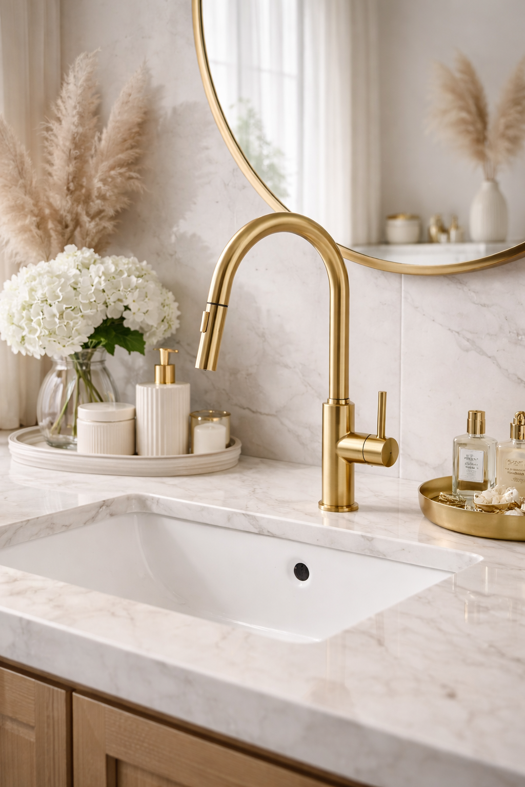 Platinum pull-out gooseneck sink mixer in gold PVD finish installed in a bathroom