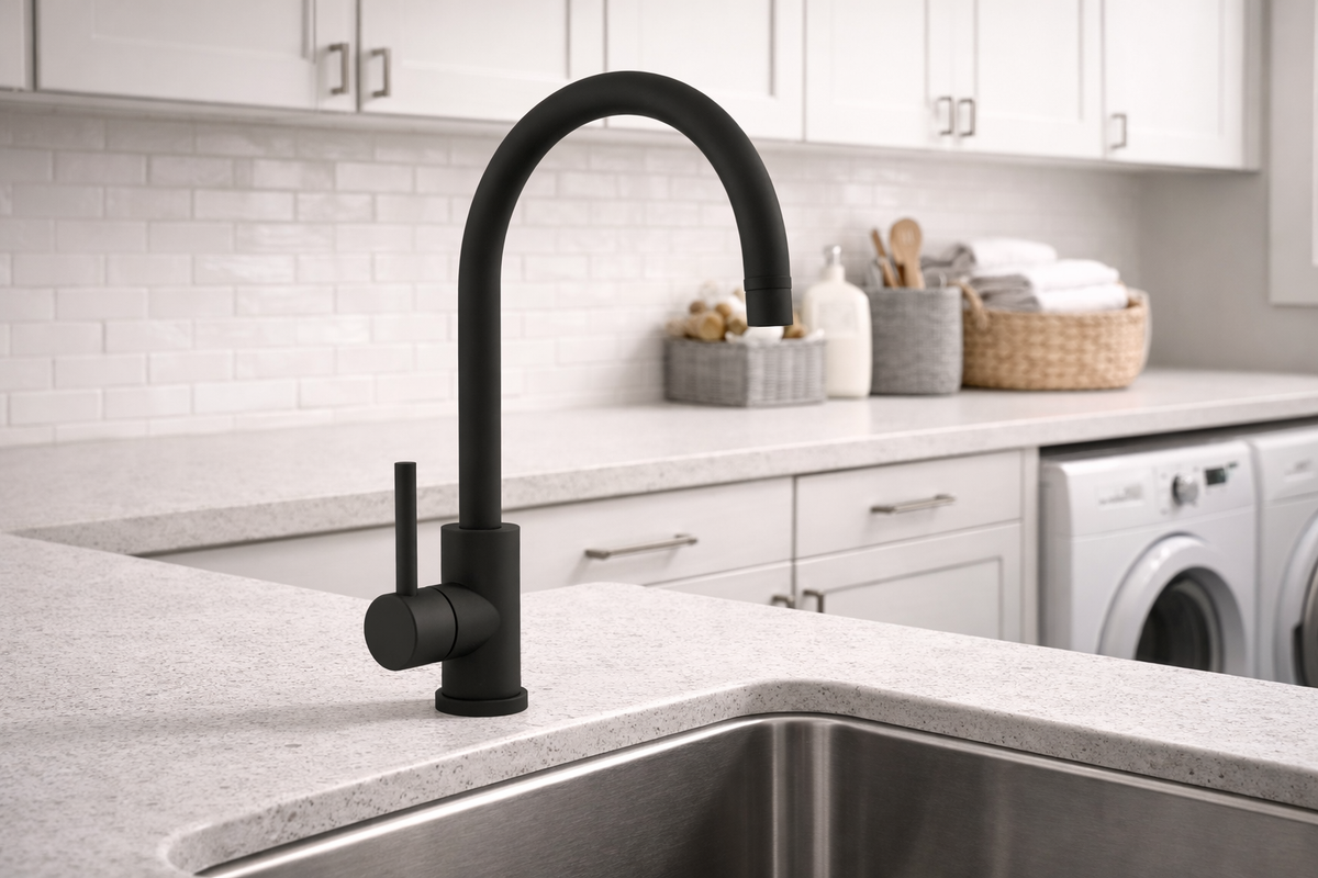 PVD Kitchen Goose Neck Mixer Tap Black installed at a kitchen sink