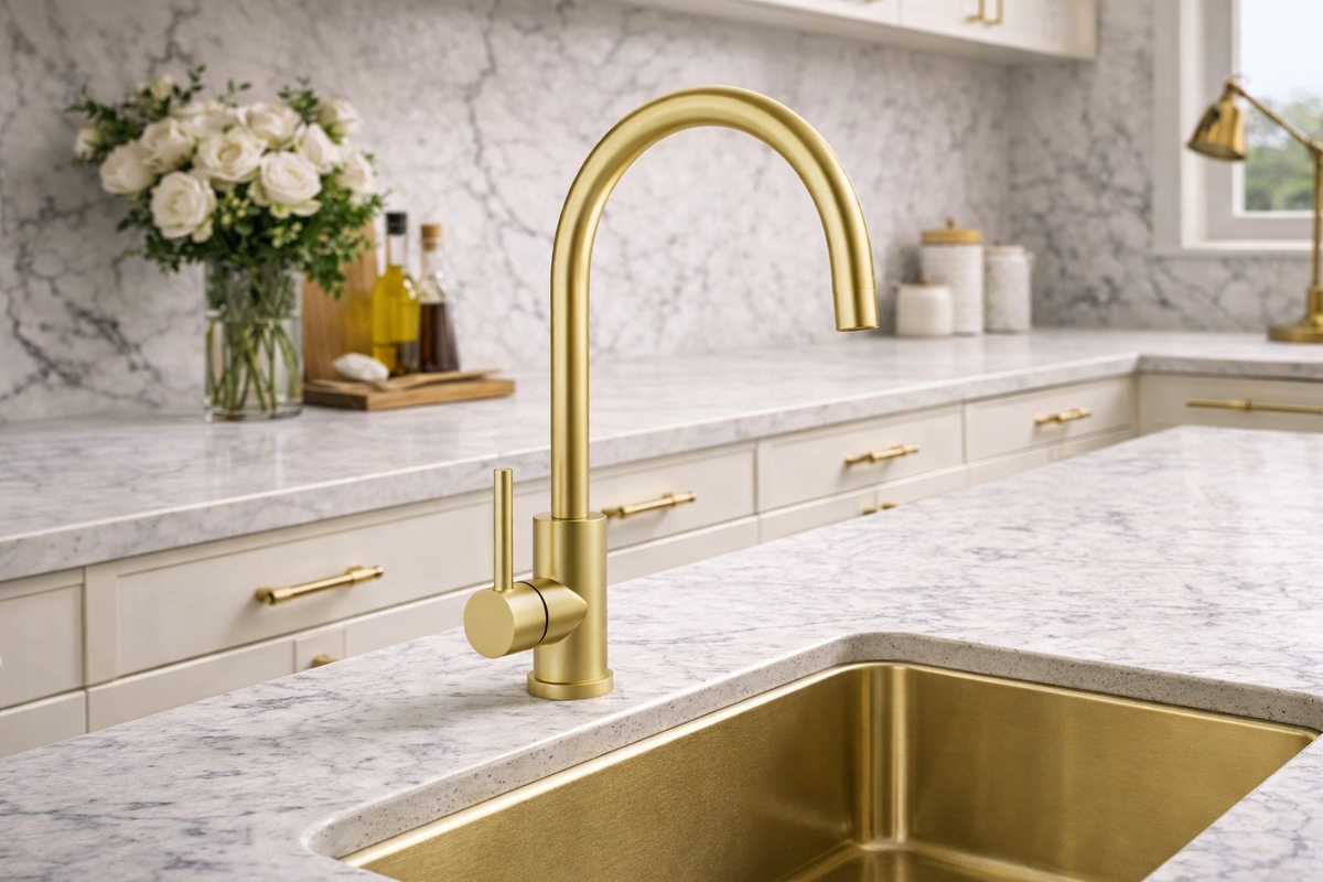 PVD Kitchen Goose Neck Mixer Tap Brass installed at a kitchen sink