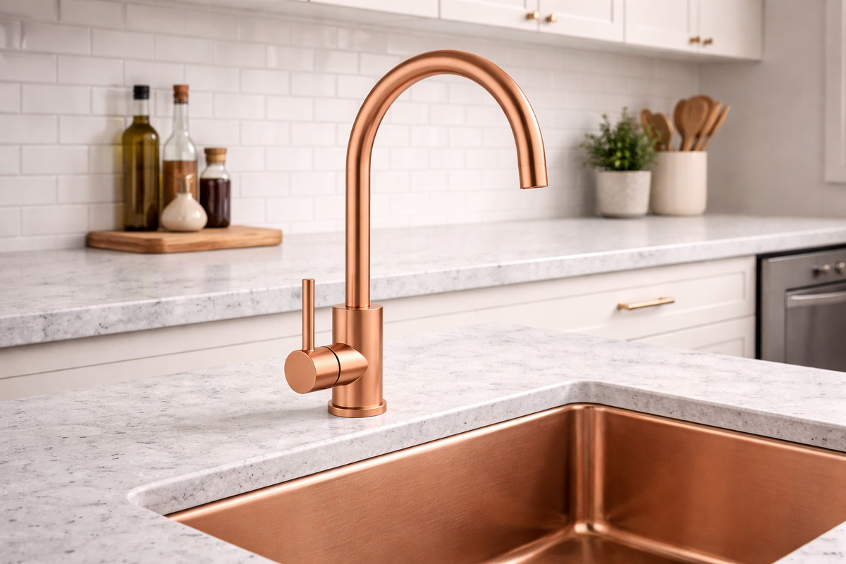 PVD Kitchen Goose Neck Mixer Tap Copper installed at a kitchen sink